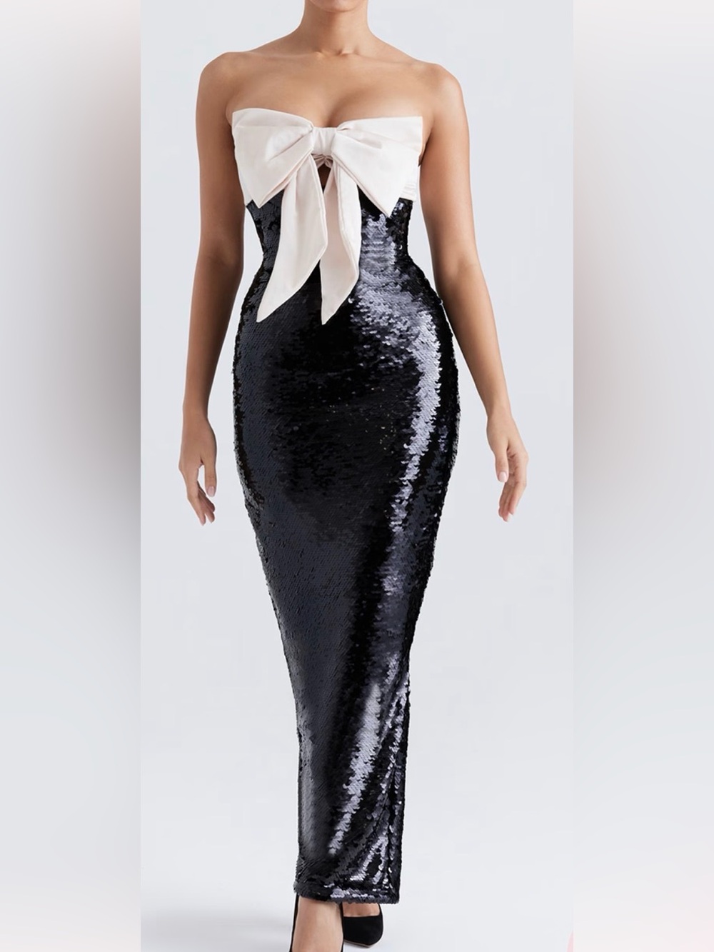 House of CB Holly Black Sequin Strapless with Ivory Bow dress